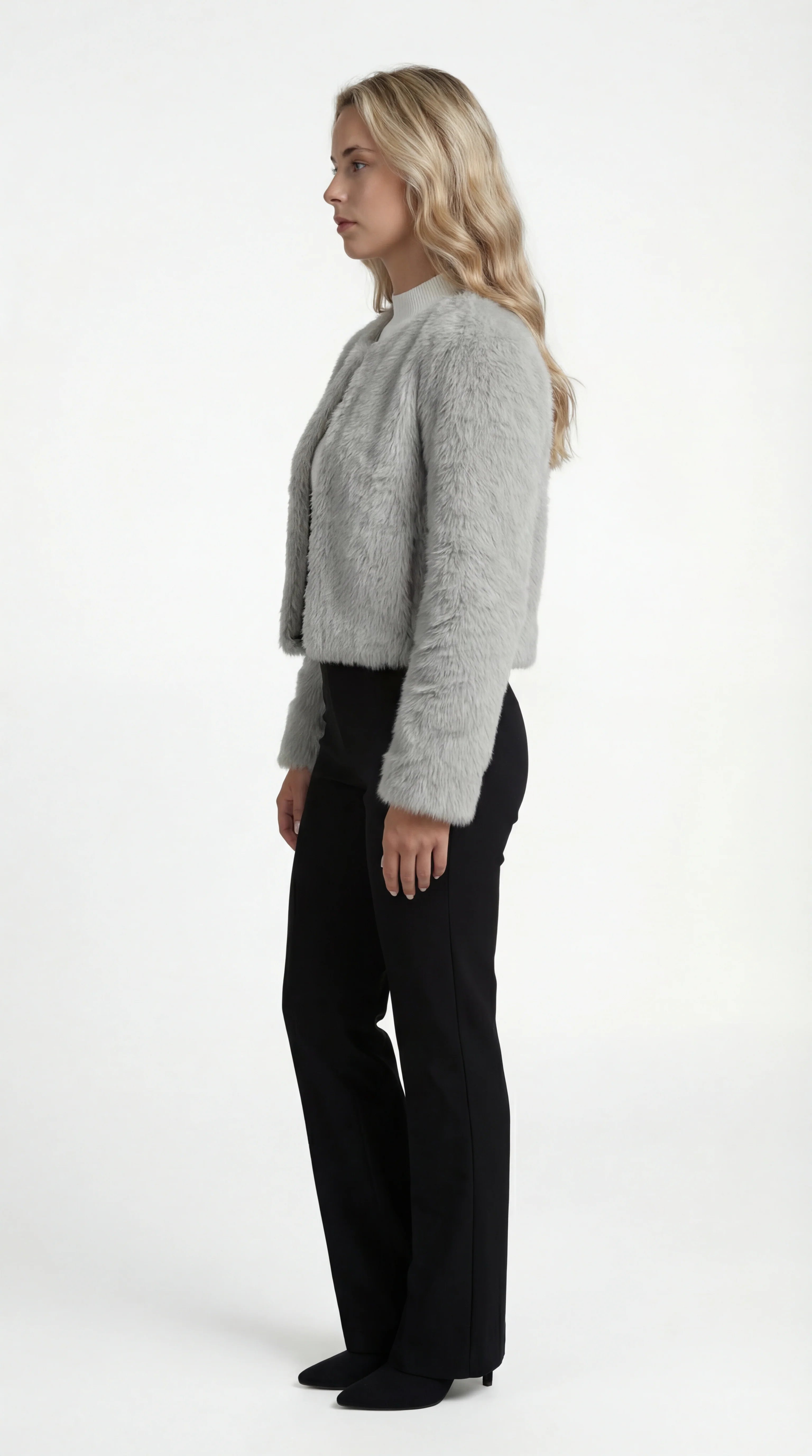 Faux Fur Short Coat with Round Neck and Straight Cut for Women