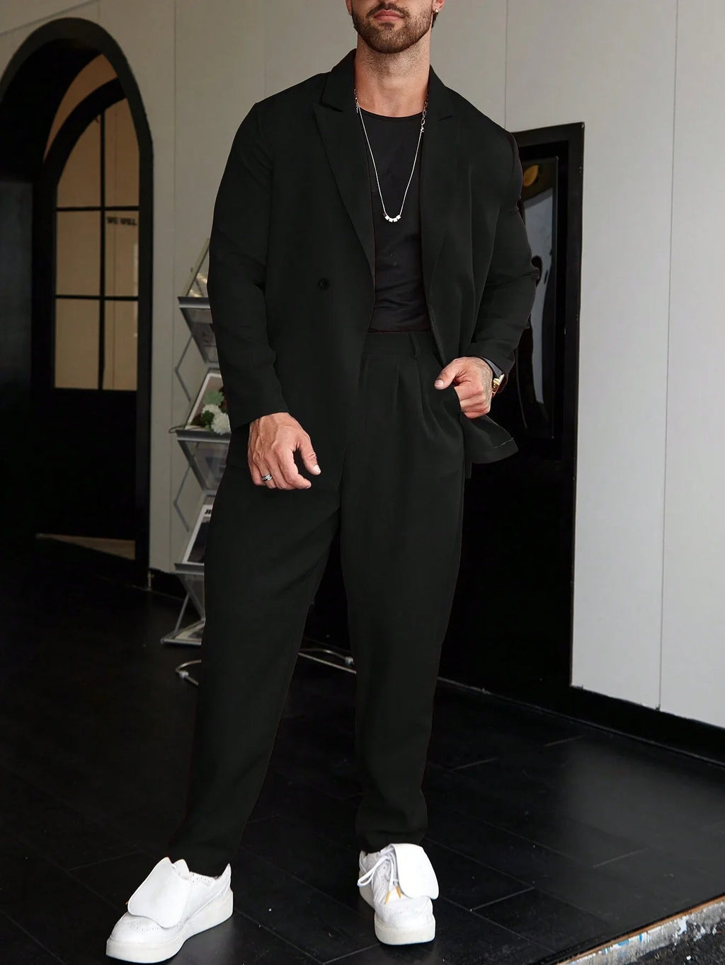 Slim Fit Two Piece Tailored Business Suit Set with Blazer and Trousers for Men