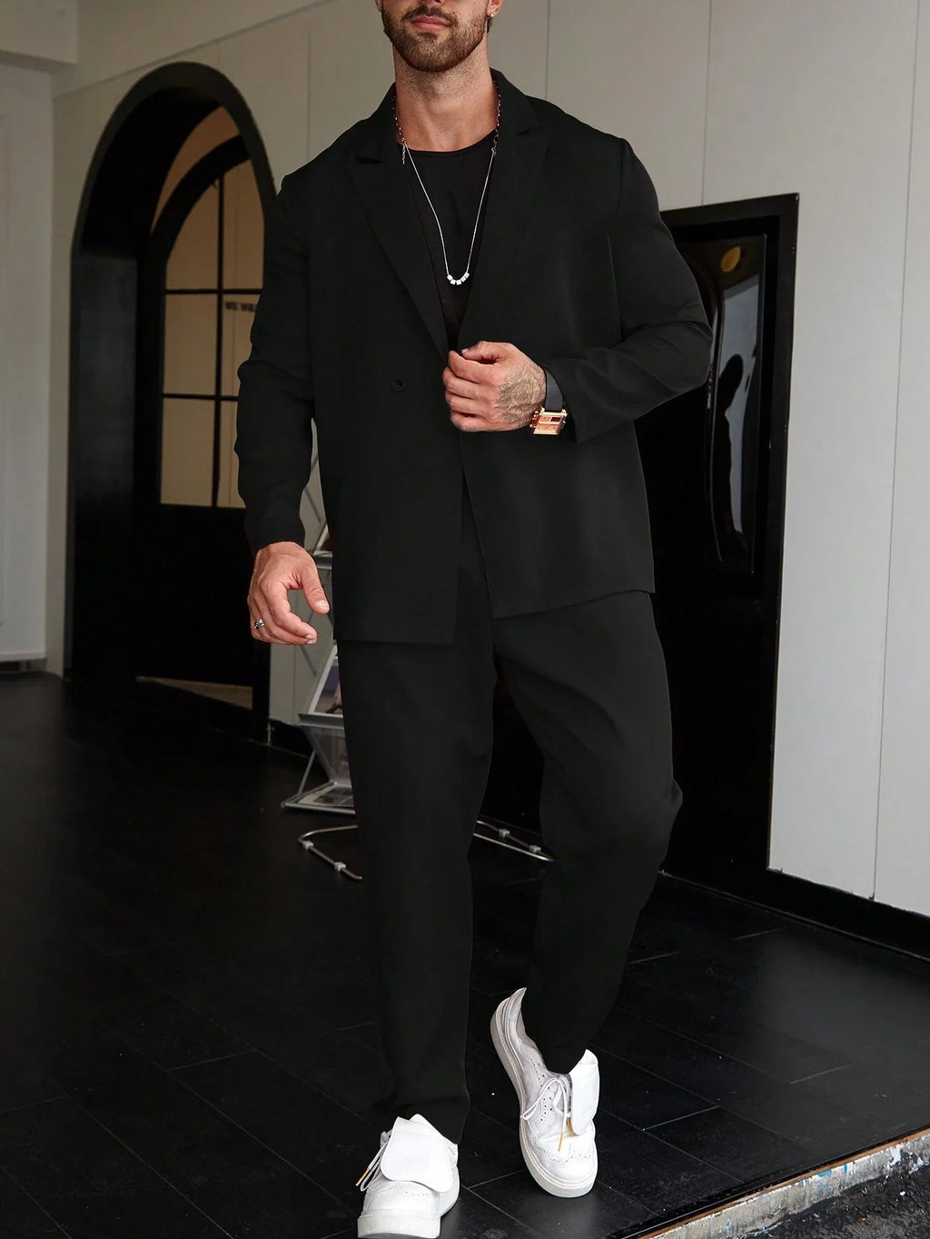 Slim Fit Two Piece Tailored Business Suit Set with Blazer and Trousers for Men