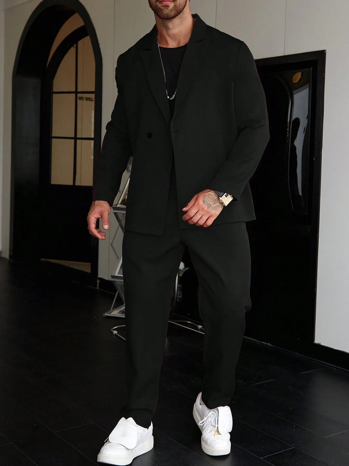 Slim Fit Two Piece Tailored Business Suit Set with Blazer and Trousers for Men