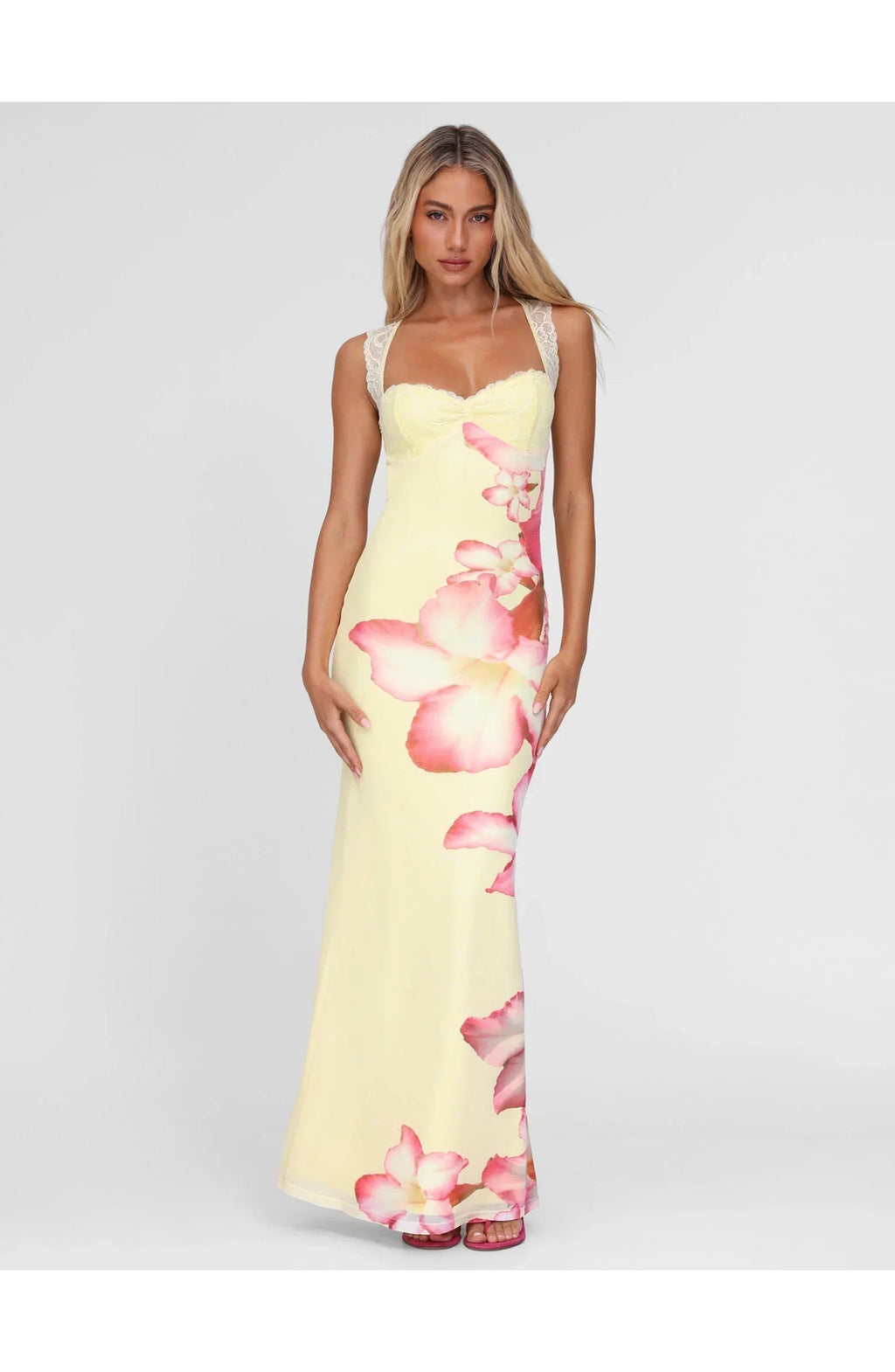 Pink Floral Print Maxi Dress with Lace Shoulder Straps for Women