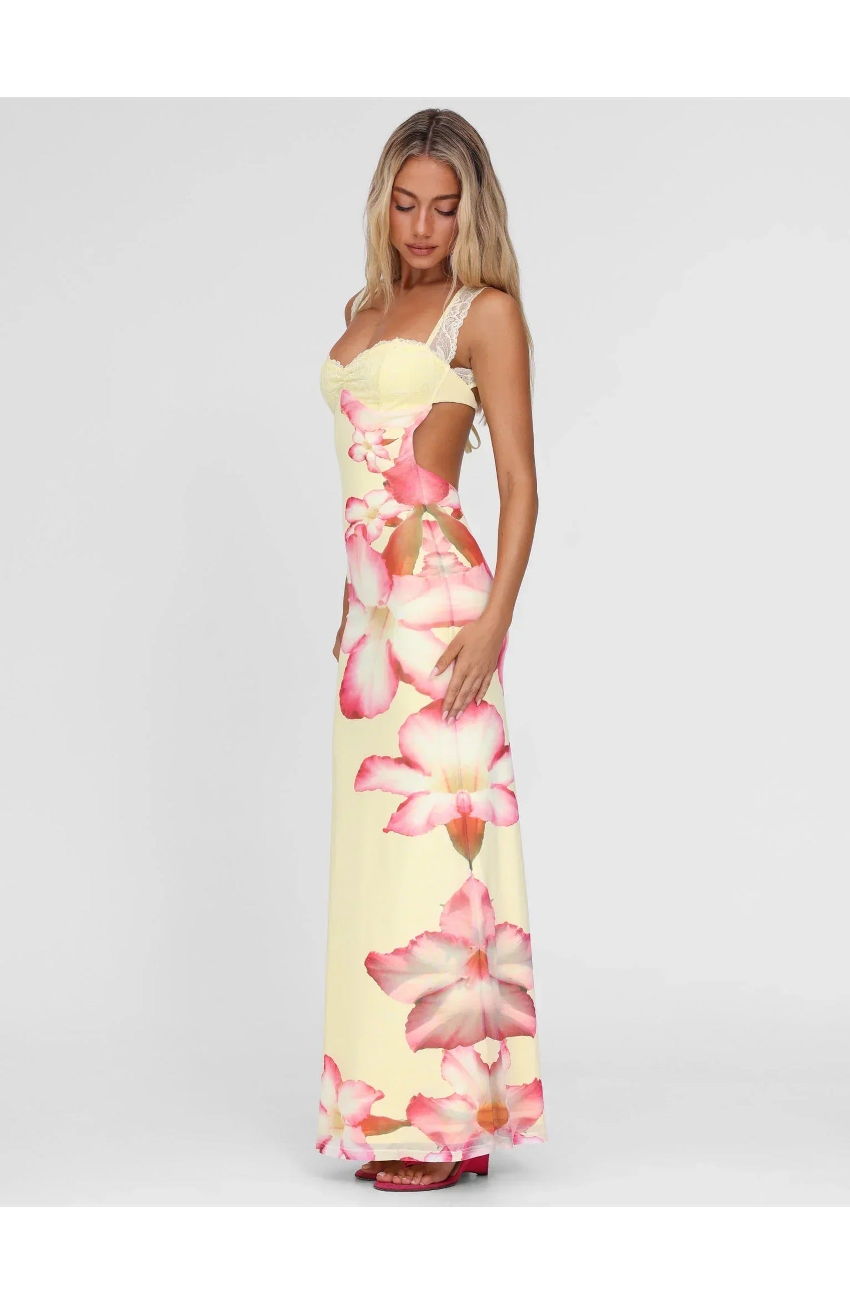Pink Floral Print Maxi Dress with Lace Shoulder Straps for Women
