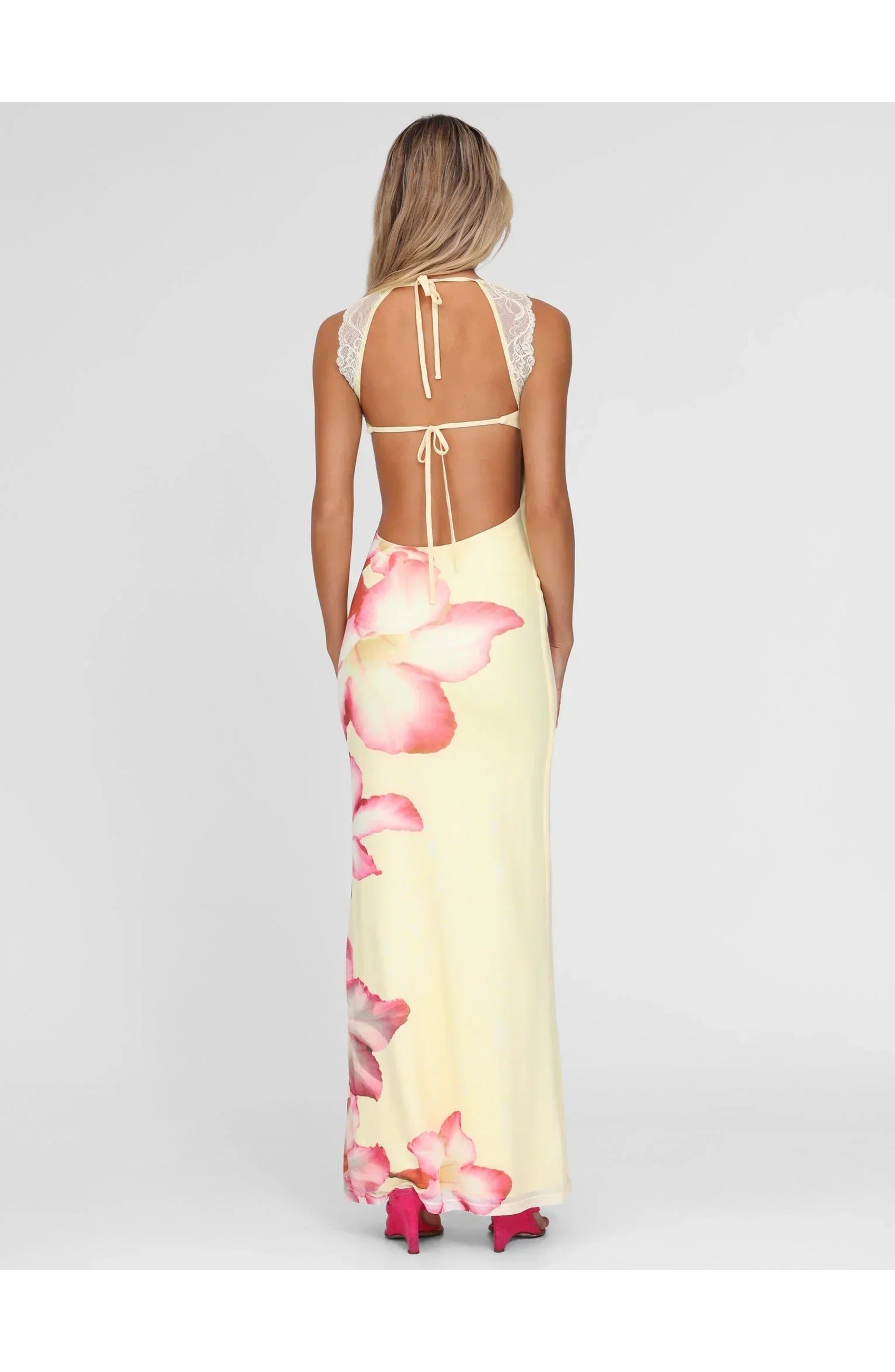Pink Floral Print Maxi Dress with Lace Shoulder Straps for Women
