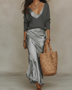 Satin Midi Dress and Knit Jumper Two Piece Set for Women | Layered Outfit