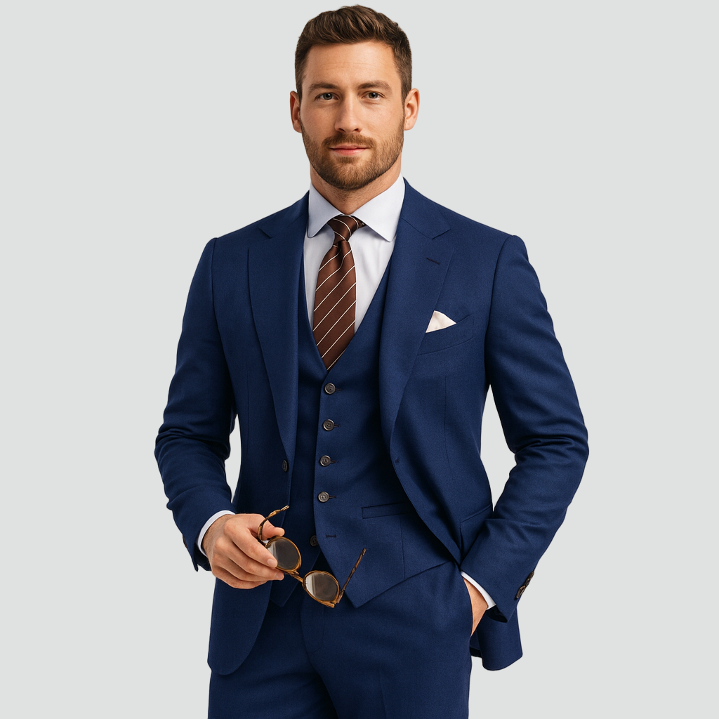 Navy Blue Tailored Formal Three Piece Blazer Waistcoat Trouser Suit for Men
