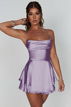Red Backless Ruched Flared Square Neck Halter Cocktail Dress for Women