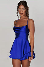 Red Backless Ruched Flared Square Neck Halter Cocktail Dress for Women