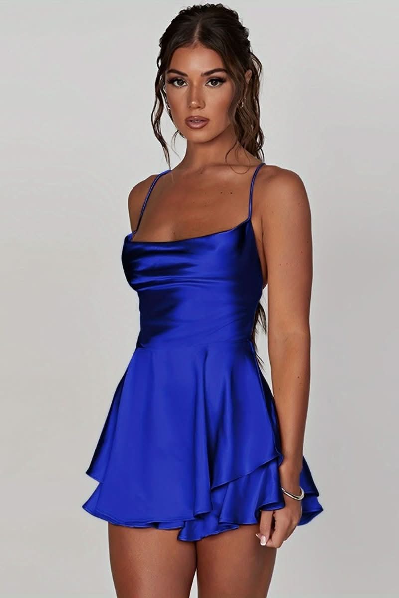 Red Backless Ruched Flared Square Neck Halter Cocktail Dress for Women