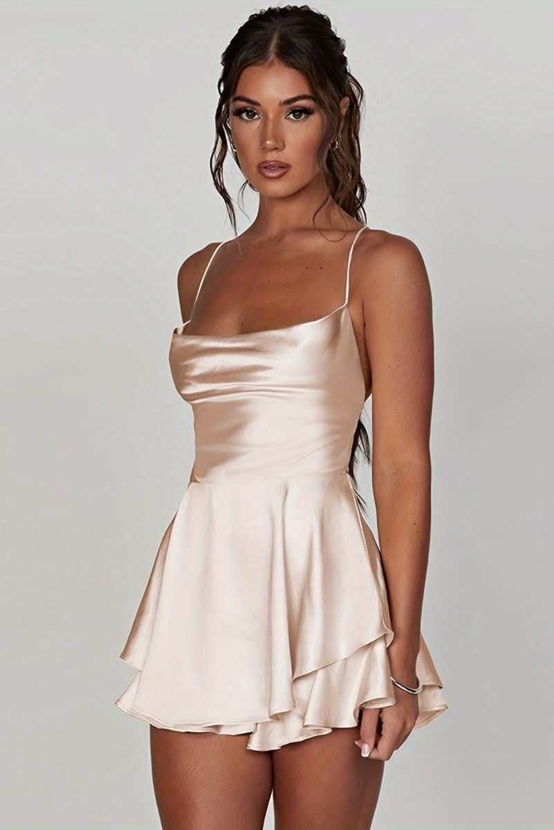 Red Backless Ruched Flared Square Neck Halter Cocktail Dress for Women