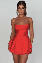 Red Backless Ruched Flared Square Neck Halter Cocktail Dress for Women