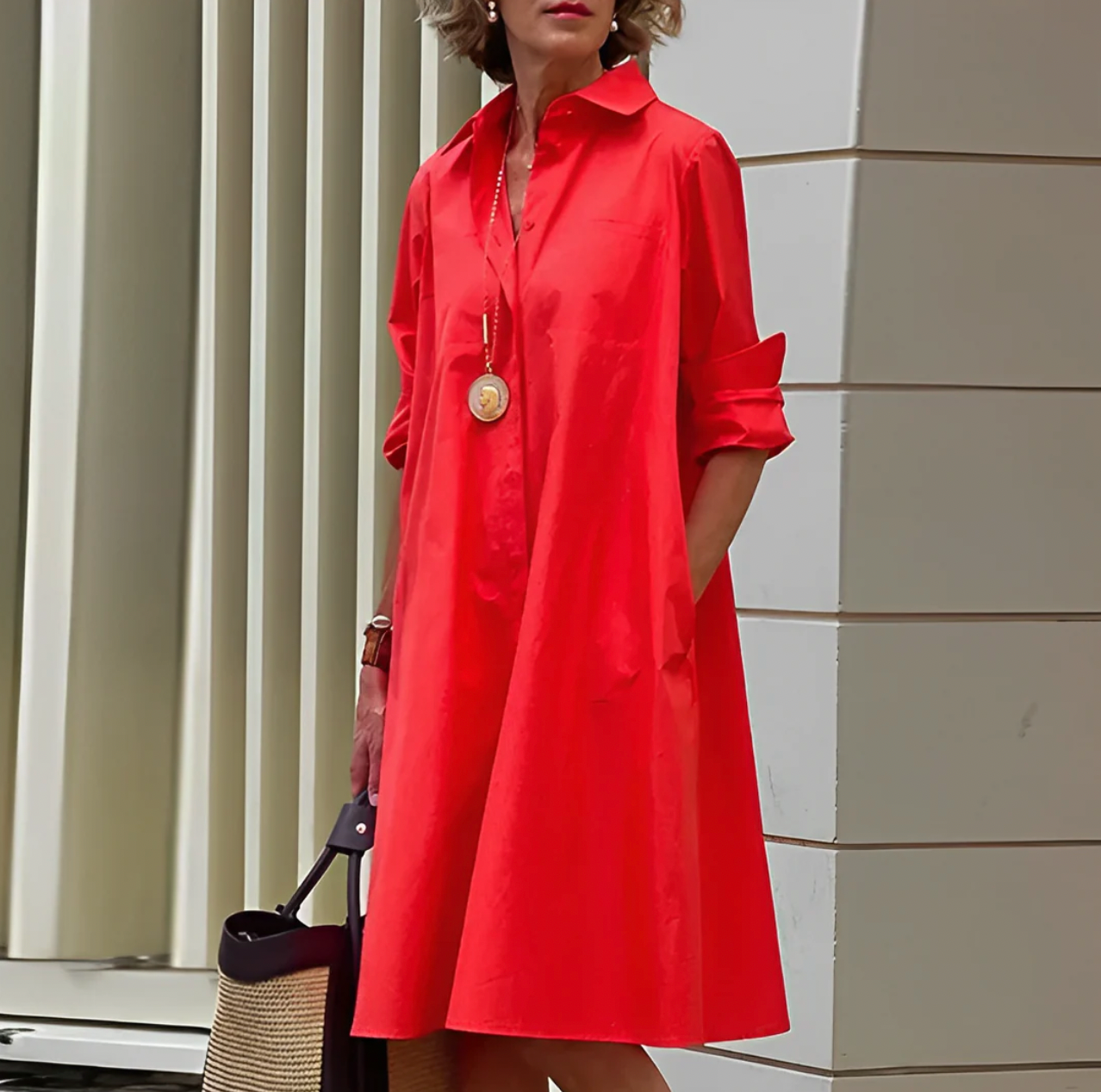 Red Long Sleeve Midi Dress for Women | Shirt Style Button Front