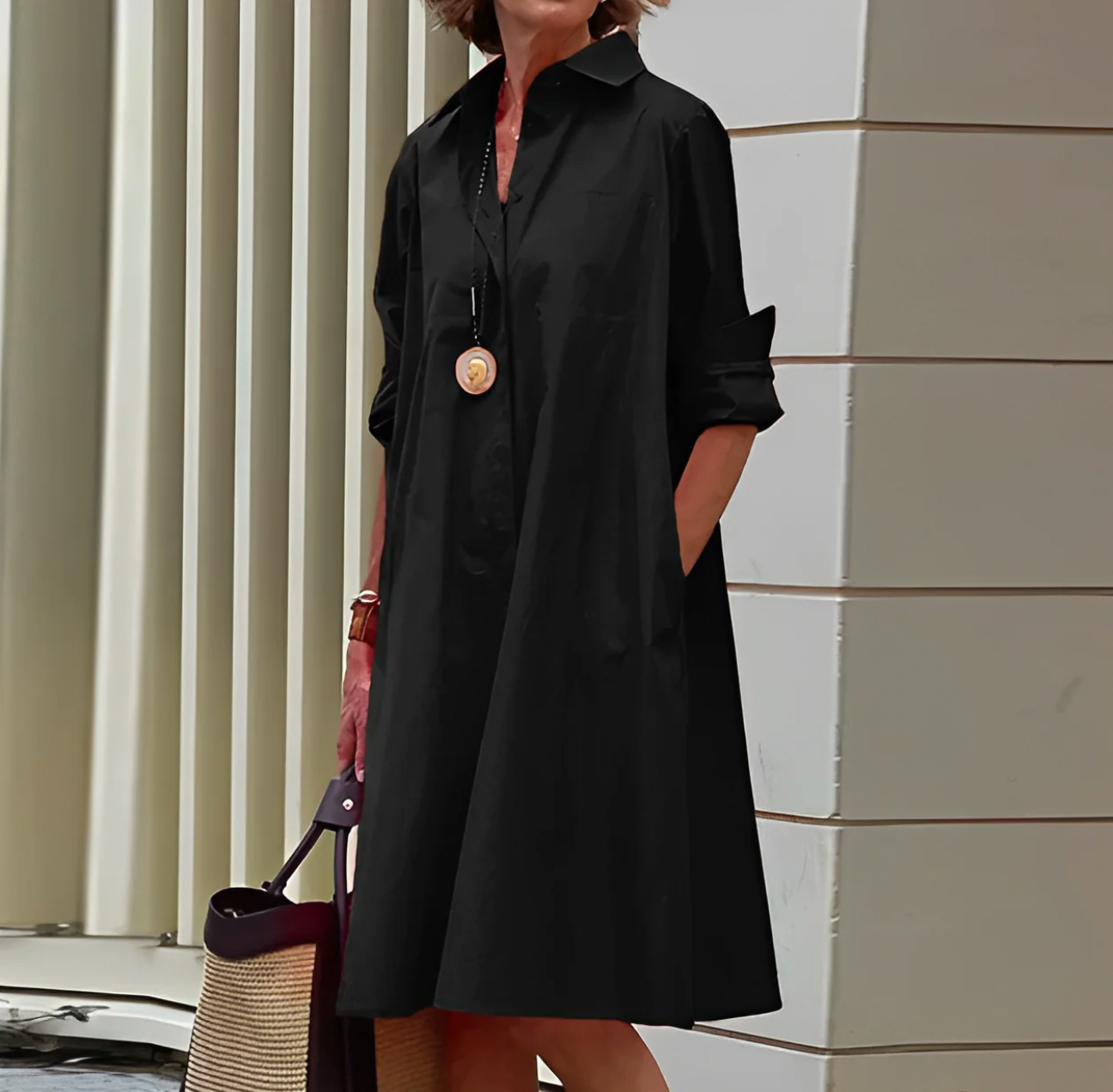 Red Long Sleeve Midi Dress for Women | Shirt Style Button Front