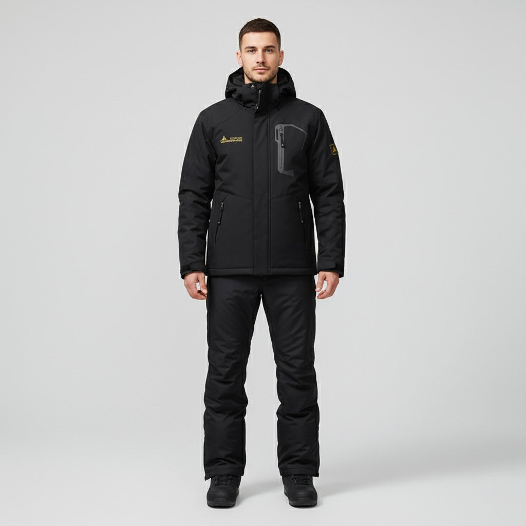 Black Hooded Ski Jacket and Trousers Set for Men | Two Piece Snowboard Outfit