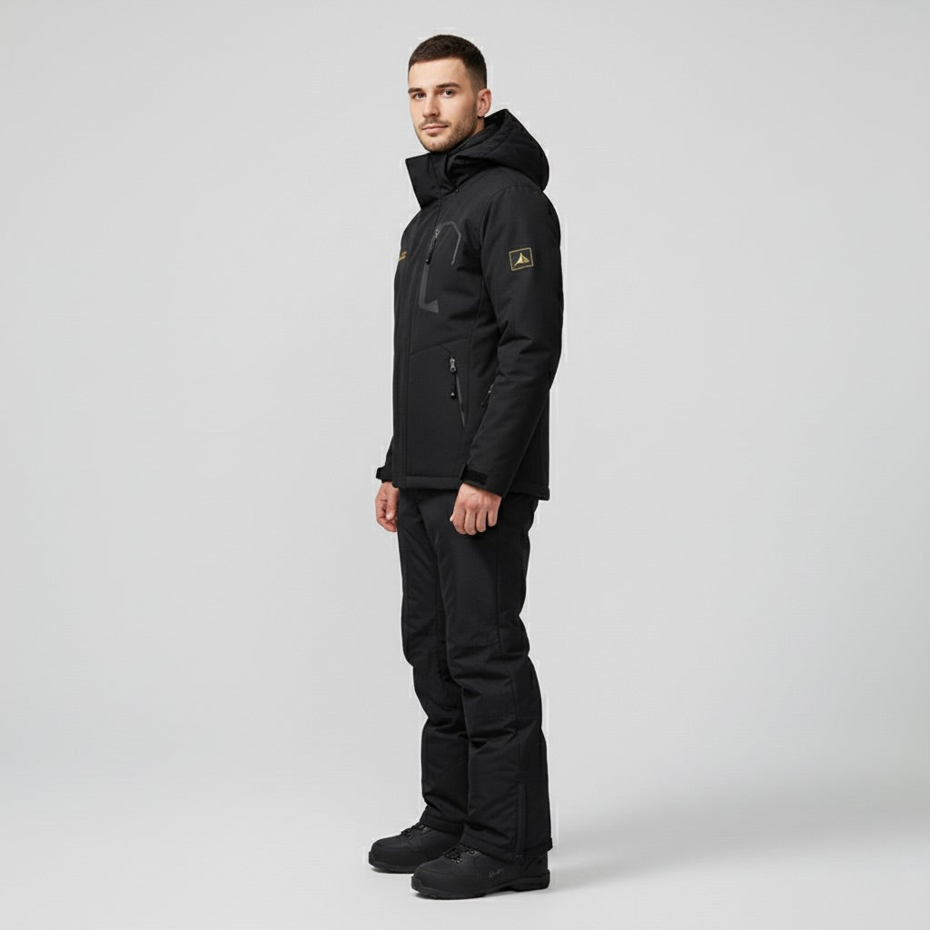 Black Hooded Ski Jacket and Trousers Set for Men | Two Piece Snowboard Outfit