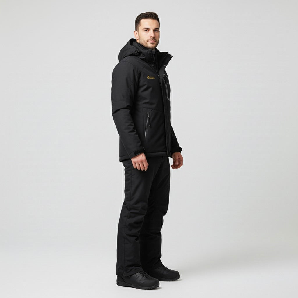Black Hooded Ski Jacket and Trousers Set for Men | Two Piece Snowboard Outfit