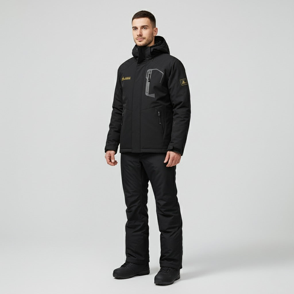 Black Hooded Ski Jacket and Trousers Set for Men | Two Piece Snowboard Outfit