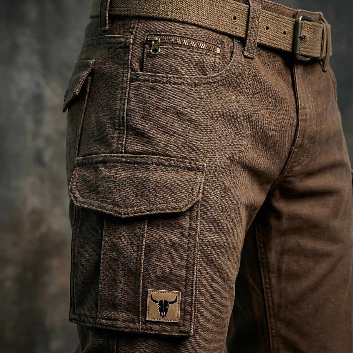 Brown Tapered Slim Fit Cargo Trousers with Flap Utility Pockets for Men