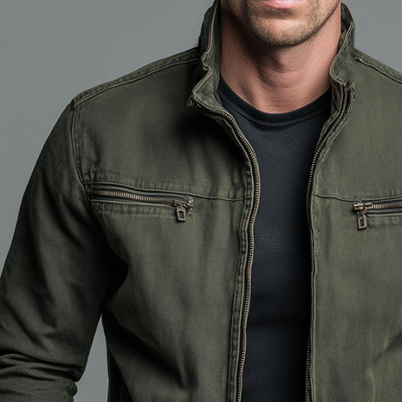 Army Green Stand Collar Zip Jacket for Men | Regular Fit Autumn Winter