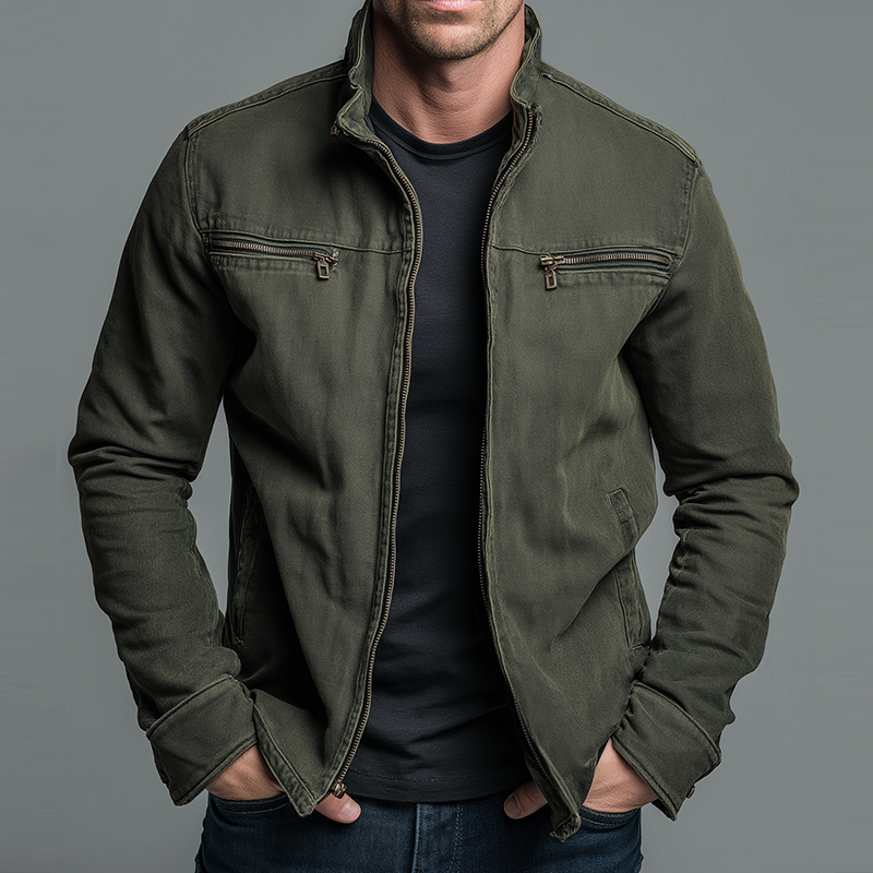 Army Green Stand Collar Zip Jacket for Men | Regular Fit Autumn Winter