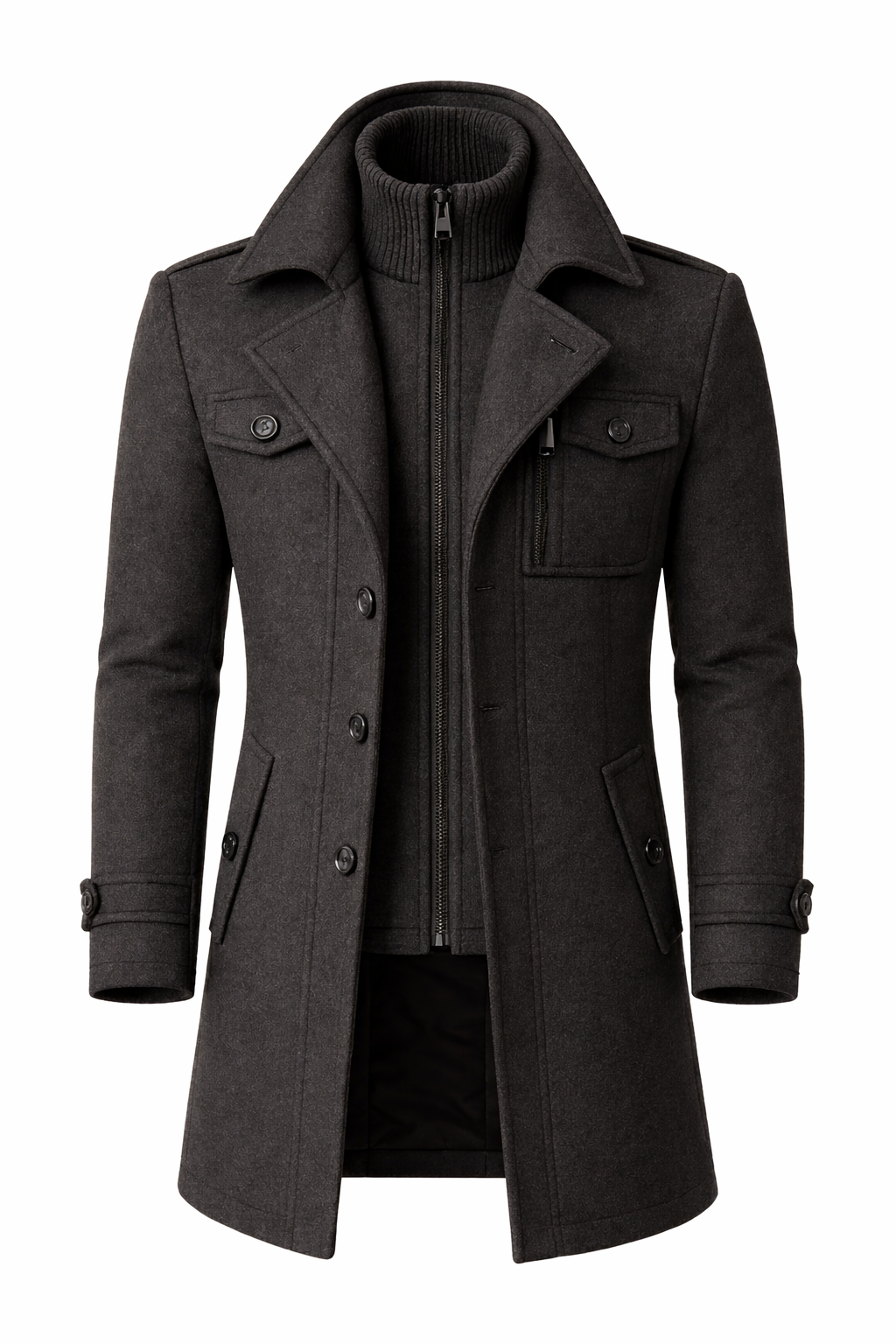 Wool Blend Double-Breasted Long Overcoat for Men