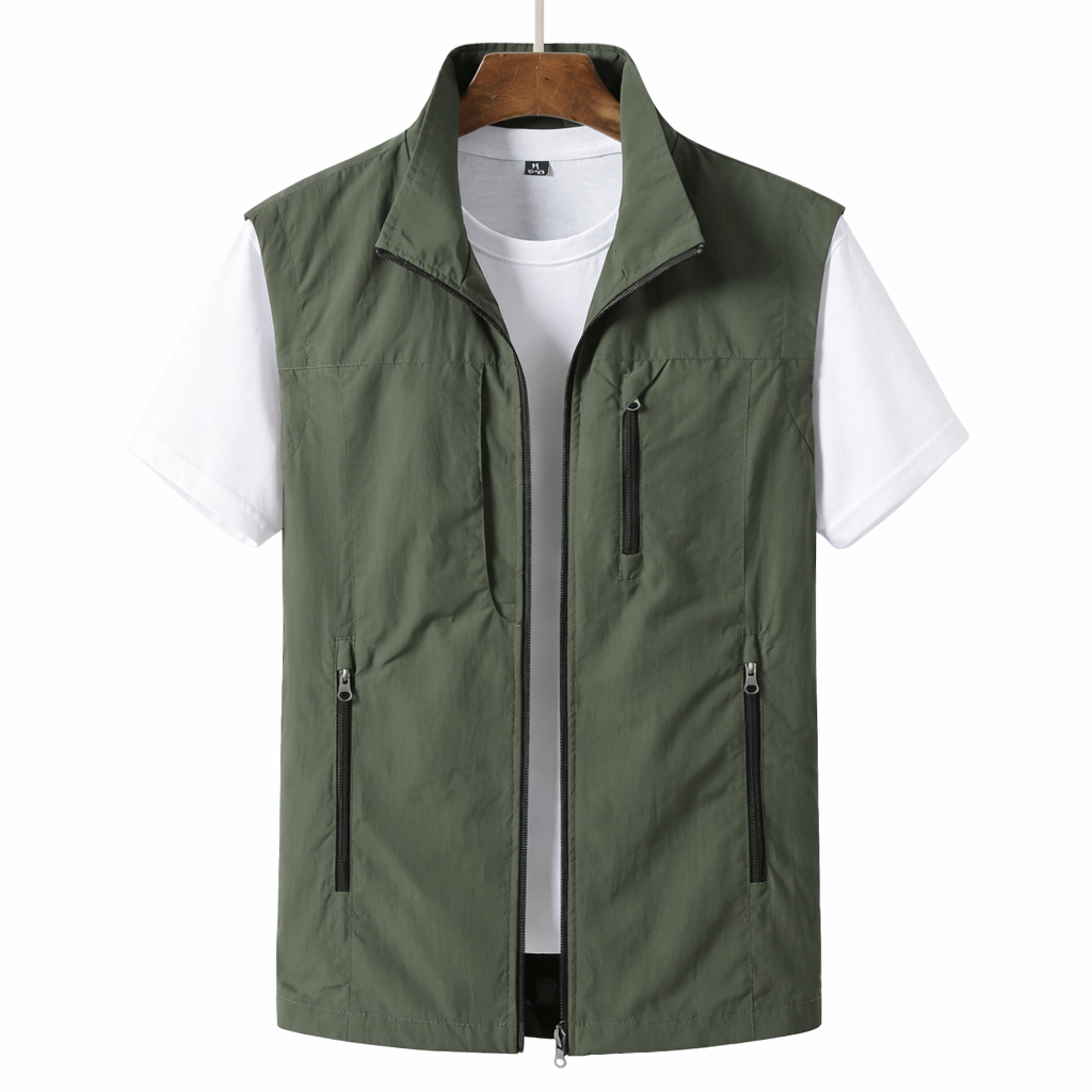 Khaki Zip Front Sleeveless Utility Gilet for Men