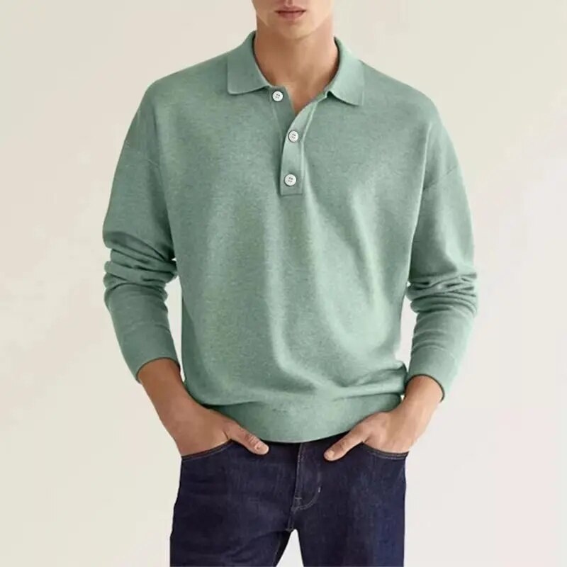 Polycotton Knitted Long Sleeve Polo Shirt for Men | Collared Top