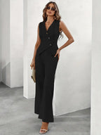 Fitted Sleeveless Waistcoat Suit with Wide Leg Trousers for Women | Office Wear