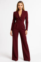 Tailored V Neck Wide Leg Blazer Jumpsuit for Women | Formal Office Wear