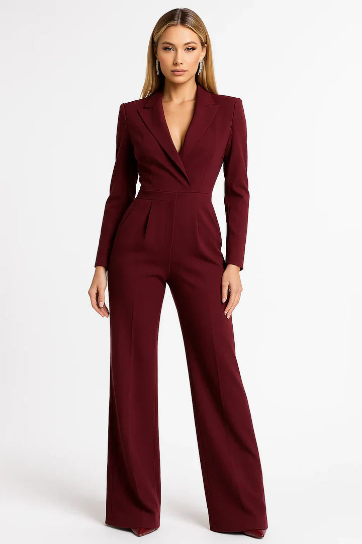 Tailored V Neck Wide Leg Blazer Jumpsuit for Women | Formal Office Wear