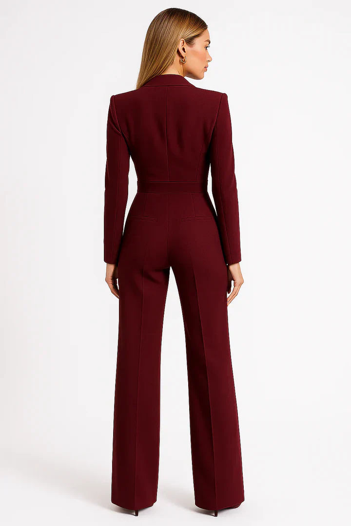 Tailored V Neck Wide Leg Blazer Jumpsuit for Women | Formal Office Wear