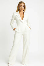Tailored V Neck Wide Leg Blazer Jumpsuit for Women | Formal Office Wear