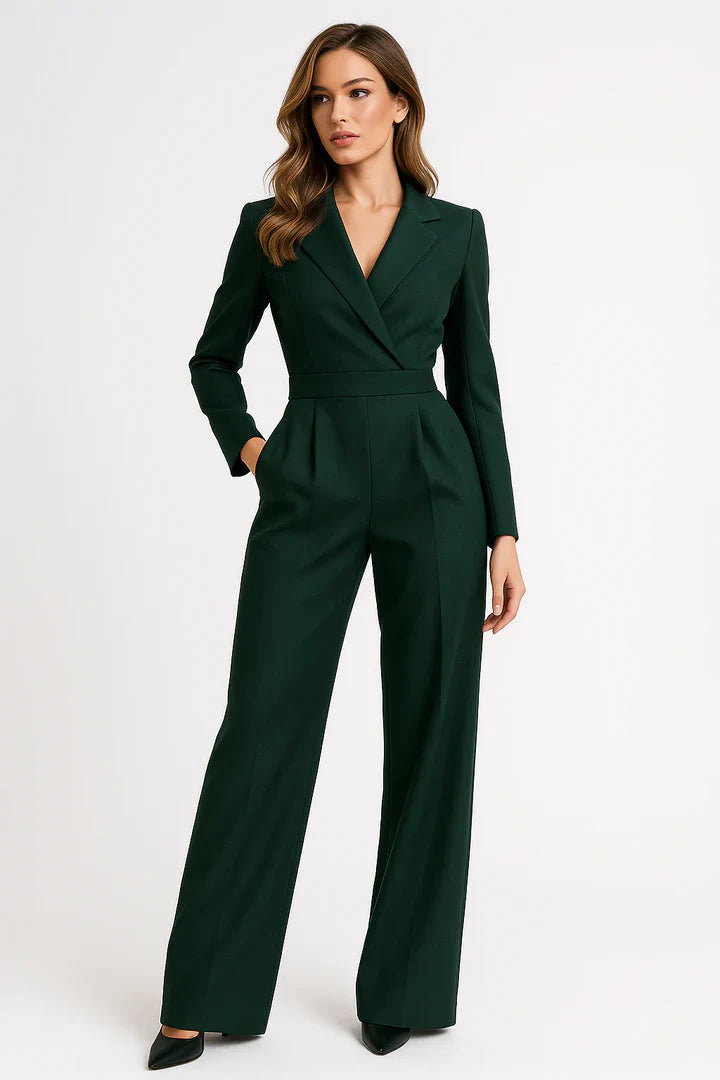 Tailored V Neck Wide Leg Blazer Jumpsuit for Women | Formal Office Wear
