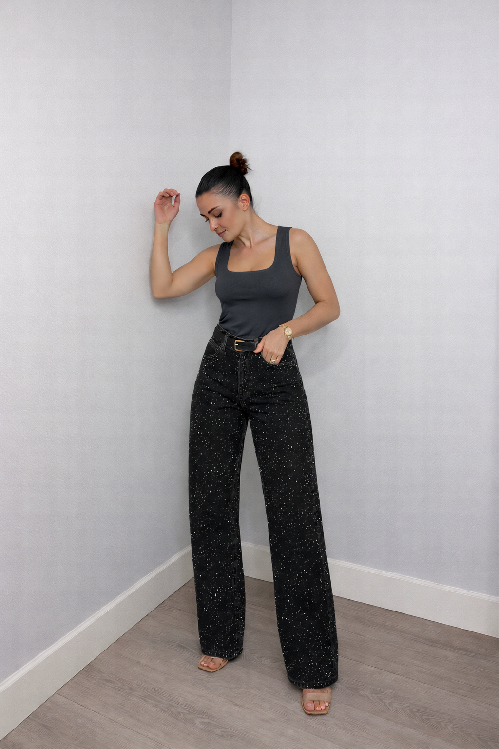 High Waisted Straight Leg Glitter Jeans for Women | Casual Everyday Wear