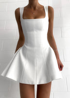 White Square Neck Flared Mini Dress for Women | Fitted Bodice Occasion Wear