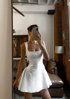 White Square Neck Flared Mini Dress for Women | Fitted Bodice Occasion Wear