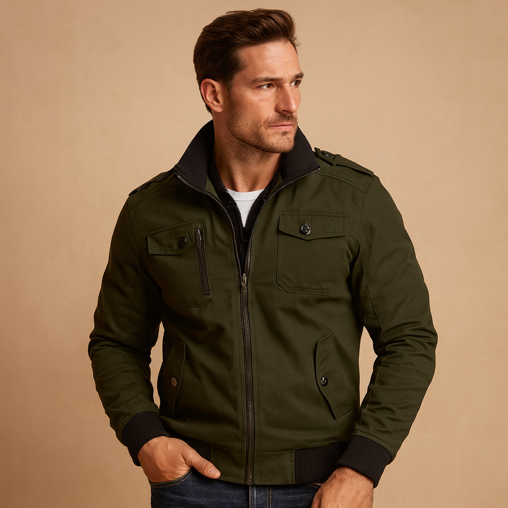 High Collar Bomber Jacket with Zip Pockets for Men | Transitional Season