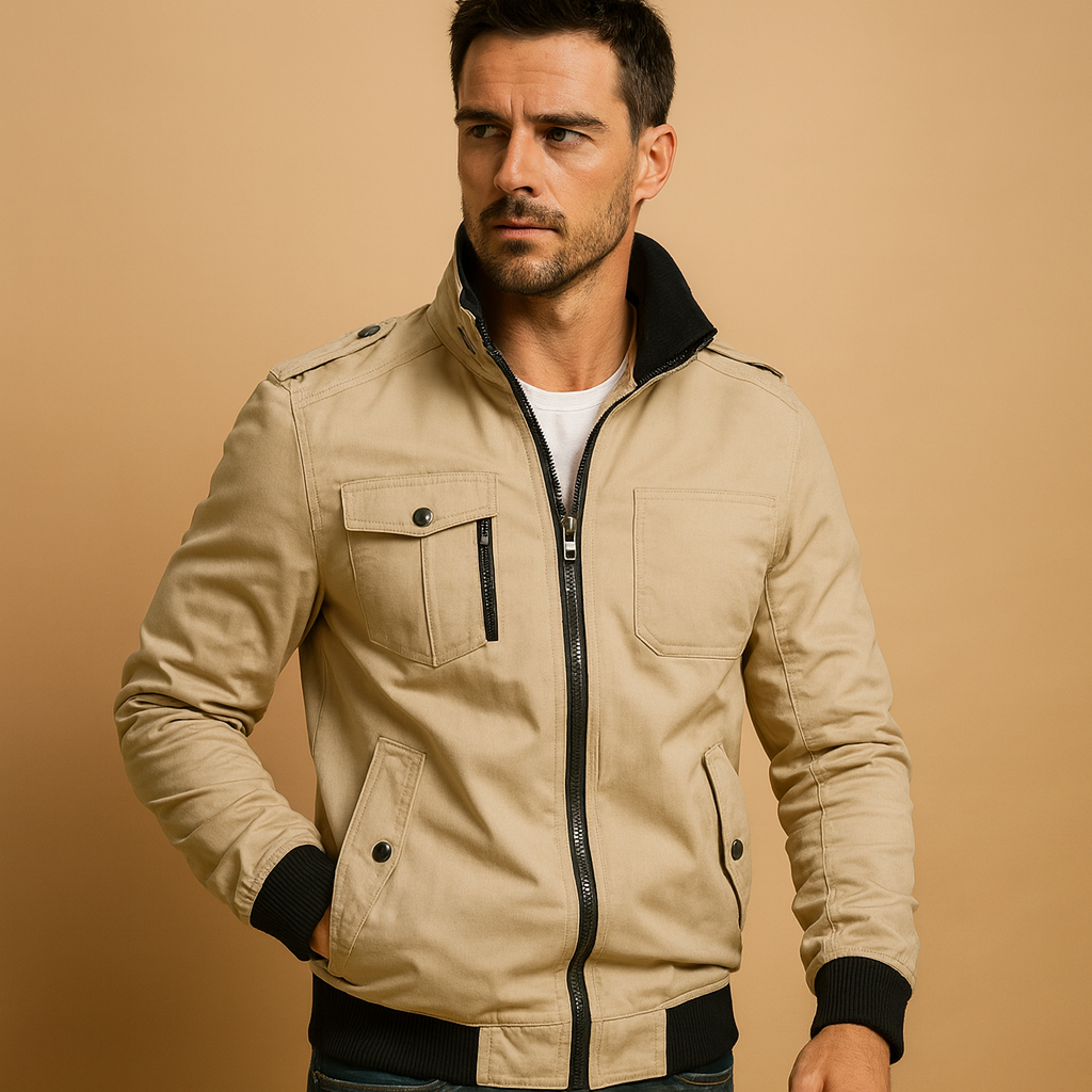 High Collar Bomber Jacket with Zip Pockets for Men | Transitional Season