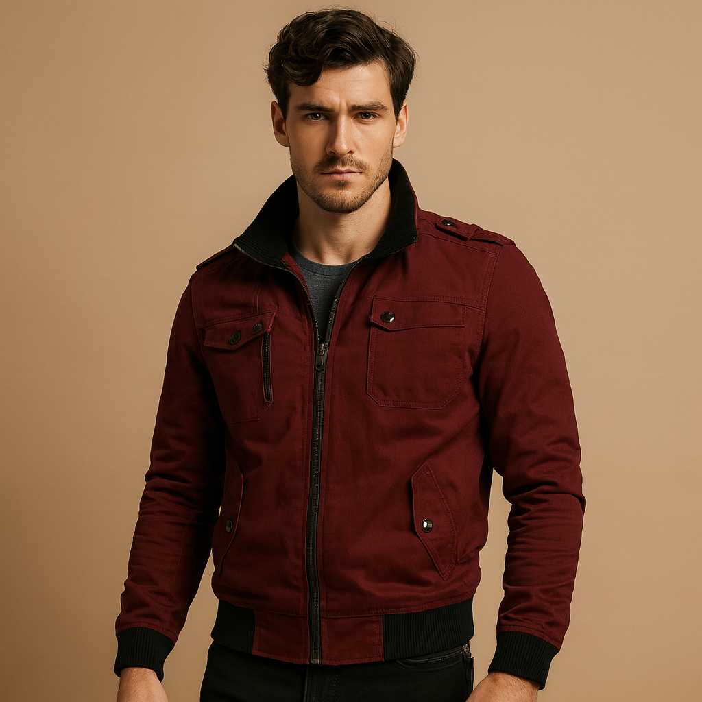 High Collar Bomber Jacket with Zip Pockets for Men | Transitional Season