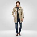 Beige Regular Fit Long Trench Coat with Button and Belt Closure for Men
