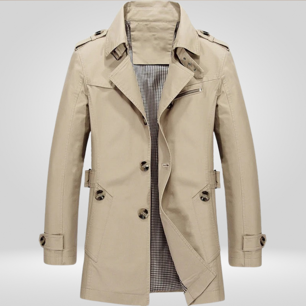 Beige Regular Fit Long Trench Coat with Button and Belt Closure for Men