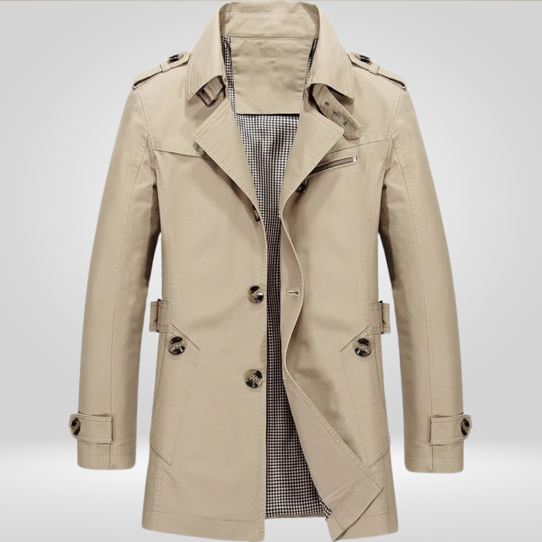 Beige Regular Fit Long Trench Coat with Button and Belt Closure for Men