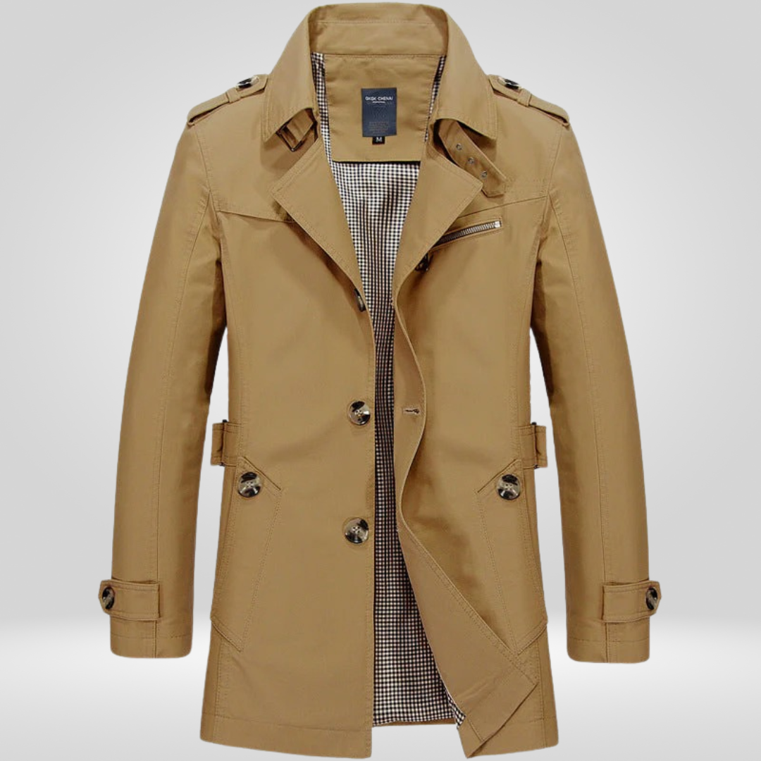 Beige Regular Fit Long Trench Coat with Button and Belt Closure for Men