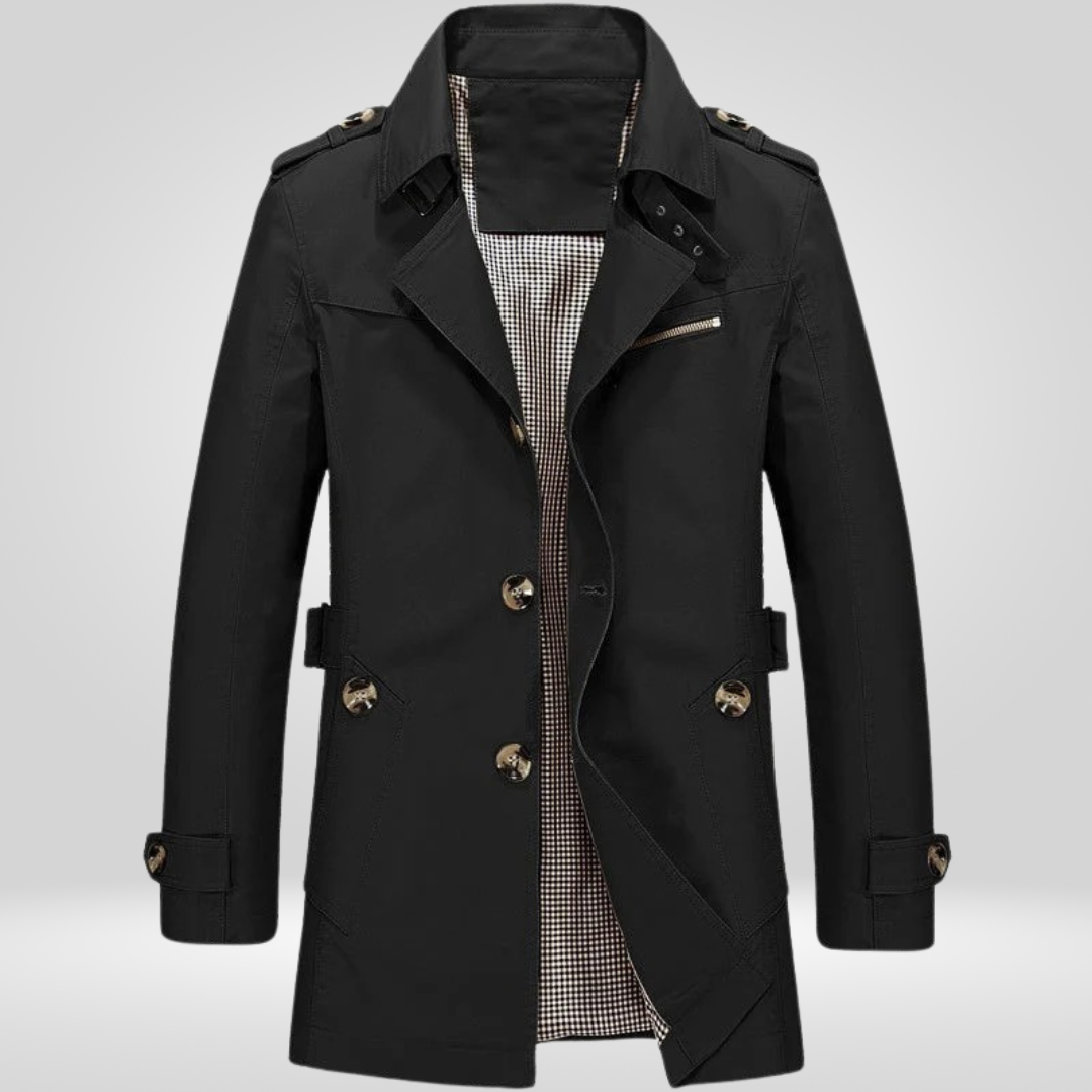 Beige Regular Fit Long Trench Coat with Button and Belt Closure for Men
