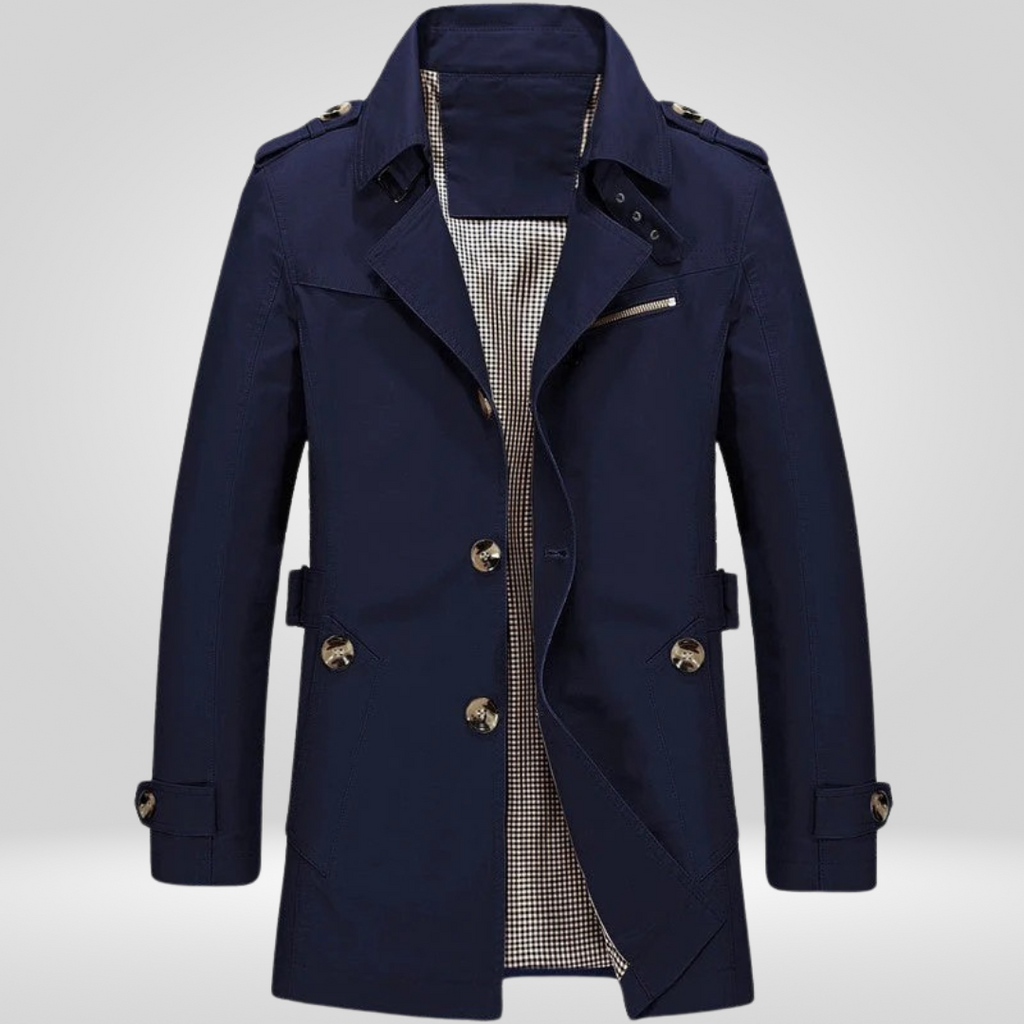 Beige Regular Fit Long Trench Coat with Button and Belt Closure for Men