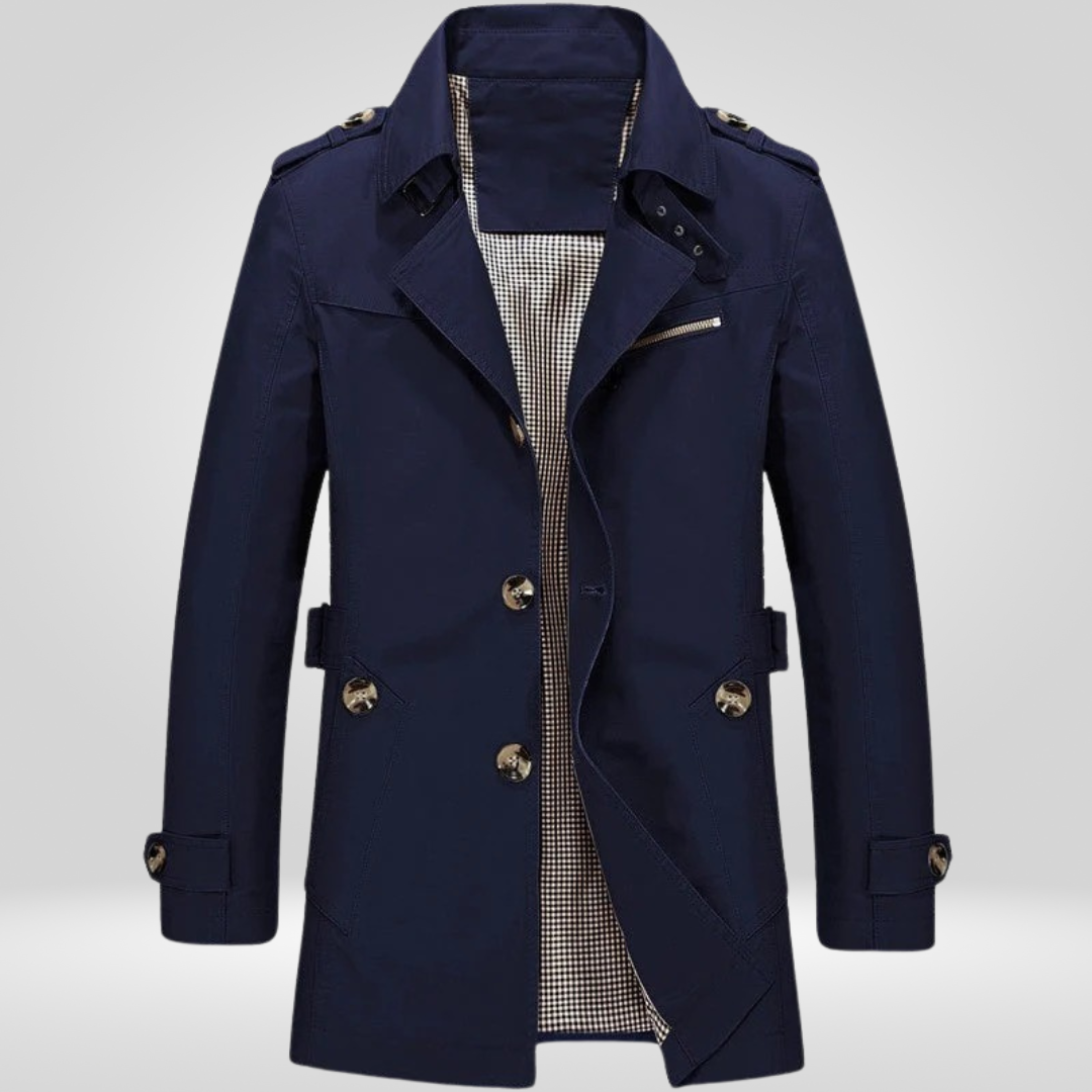 Beige Regular Fit Long Trench Coat with Button and Belt Closure for Men