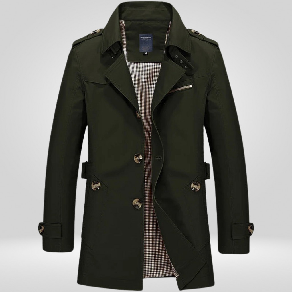 Beige Regular Fit Long Trench Coat with Button and Belt Closure for Men