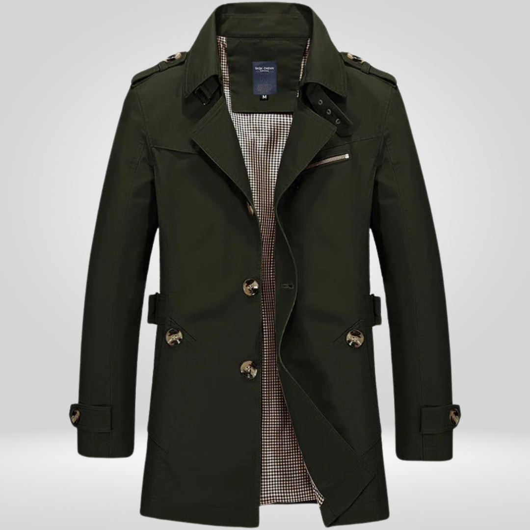 Beige Regular Fit Long Trench Coat with Button and Belt Closure for Men