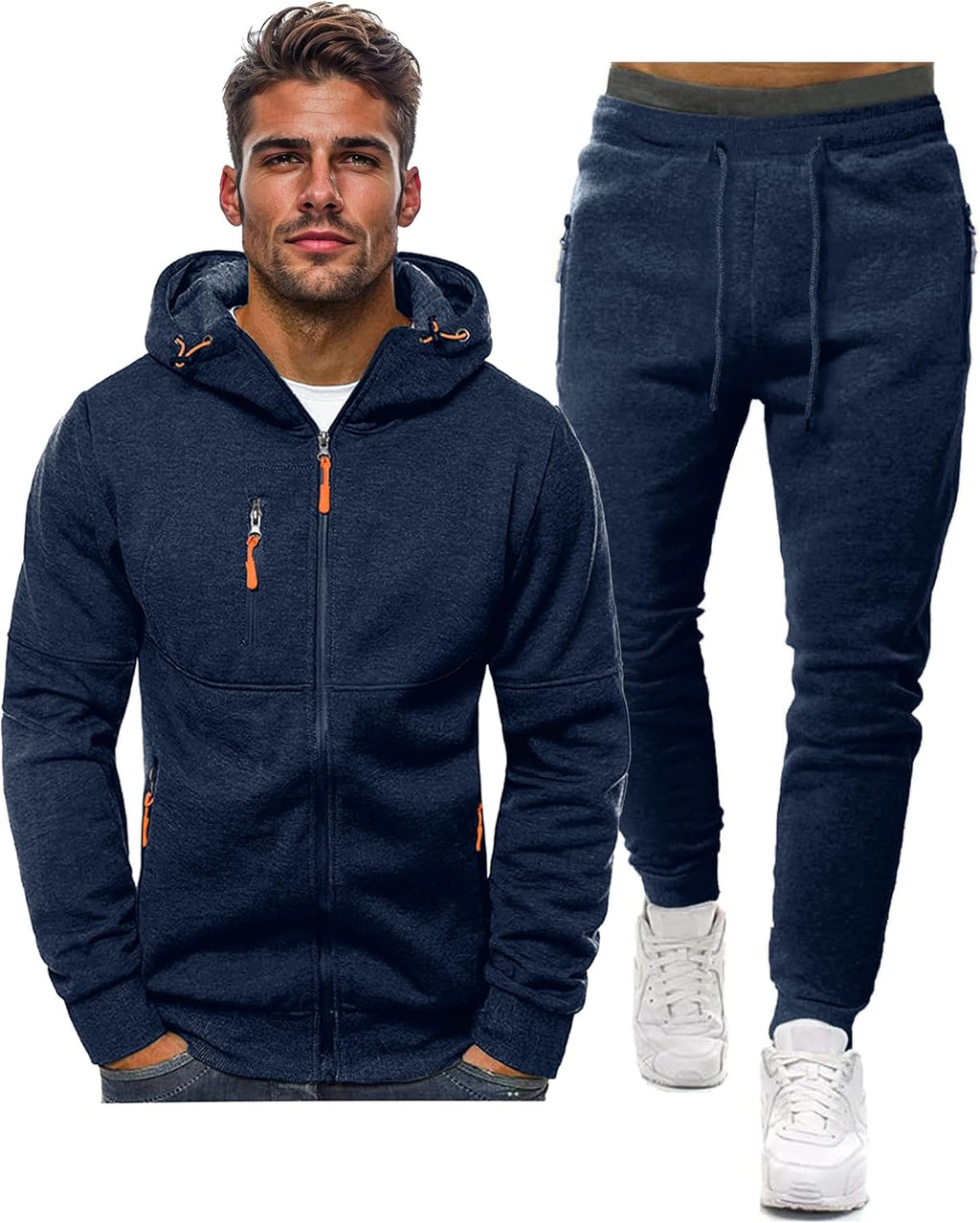 Grey Zip Hooded Two Piece Tracksuit Set for Men
