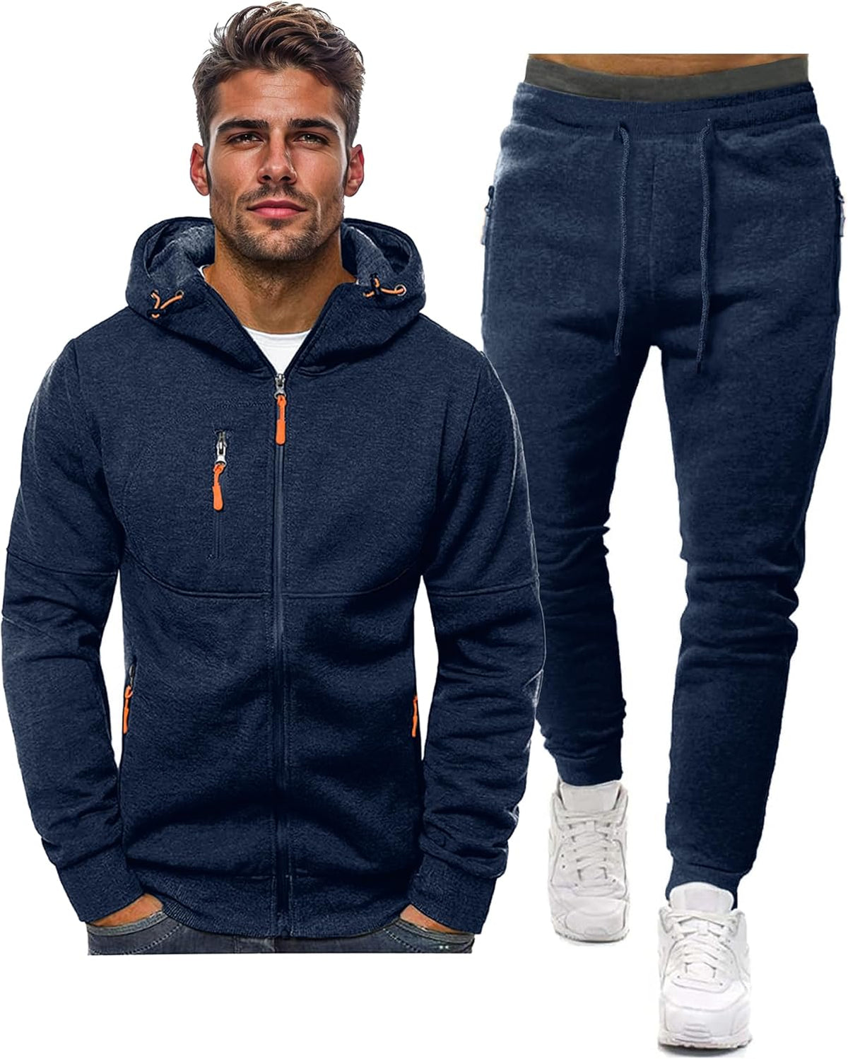 Grey Zip Hooded Two Piece Tracksuit Set for Men