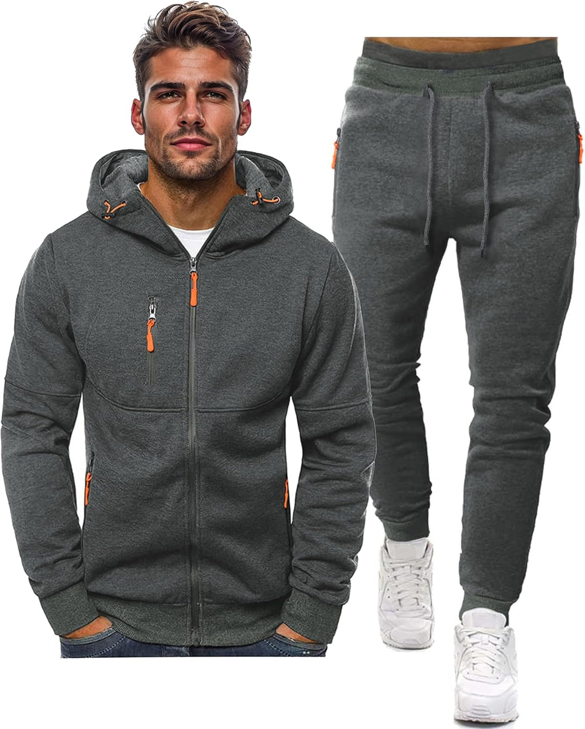 Grey Zip Hooded Two Piece Tracksuit Set for Men